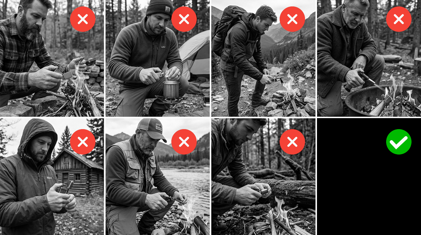 Sju testade tändlösningar i fält, sex med rött kryss, en med grönt bock